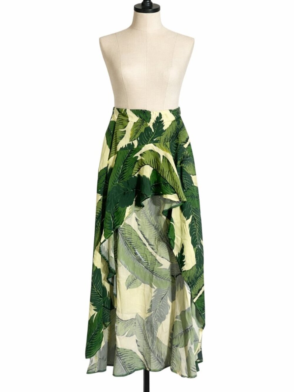 Beach Riot Leaf Print High Low Ruffle Maxi Skirt Green XS